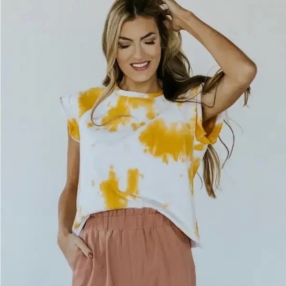 ROOLEE, YELLOW, TIE DYE PRINT SHIRT WITH FLUTTER SLEEVES. CROPPED. SIZE XS - Picture 2 of 8